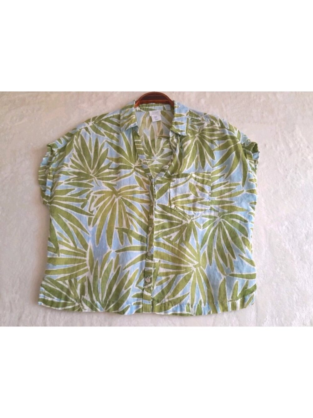 Sigrid Olsen Blouse 100% Linen Tropical Casual Vacation Beach Size Medium Green